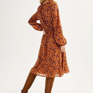 Draper James RSVP Womens Brown Floral LS Smocked Waist Midi Dress Plus 3X 24 26W